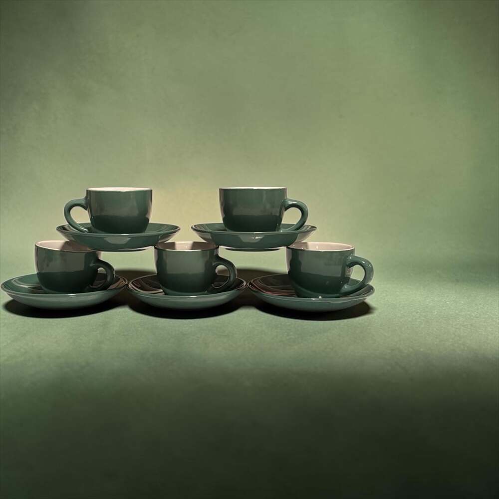 Set of 5 Vintage Forest Green Espresso Cups and Saucers